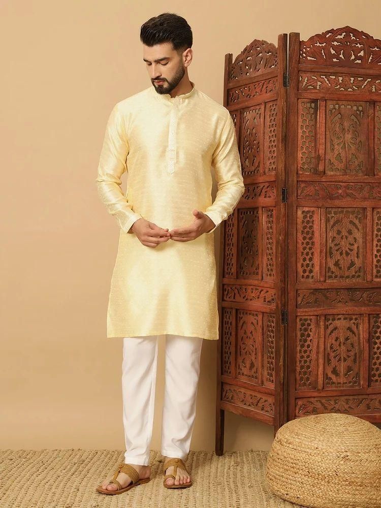 Men's Trendz Solid Light Yellow Kurta Pyajama Set